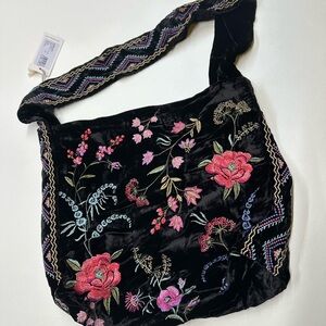 NWT $328 Johnny Was VELVET WIDE STRAP TOTE BAG black embroidered floral